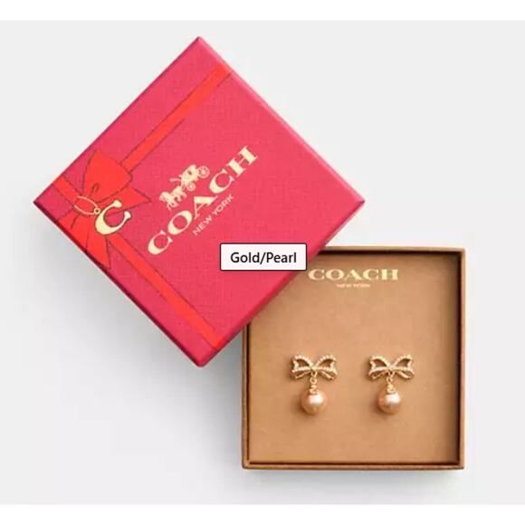 NWT COACH Bow Pearl Earrings CY107 Holiday Gift Gold/Pearl - Picture 5 of 6